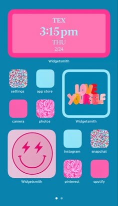 a poster with the words love you in different colors and shapes, including pink, blue,