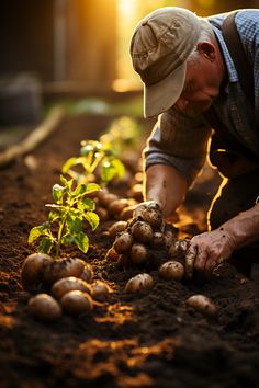 a man is tending to some potatoes in the garden at sunset or sunrise, with his hat on