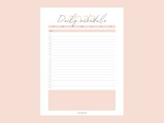 a daily planner with pink and white writing on it, next to a peach background