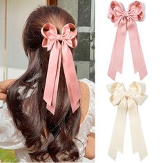 PRICES MAY VARY. SUPER CUTE HAIR BOWS-- 2PCS Beige Pink tassel ribbon bow hair clips with different colors to match any of your outfit. These handmade hair bows for all seasons,you will get many compliments that you wear this hair bows. HIGH QUALITY FABRIC-- The oversize hair bows are made of high quality fine satin silk. Very soft to the touch and will be the best gift for your little. SUITABLE OCCASIONS-- These boutique handmade hair bow clips will make you every day dressing more charming. ha Beige Pink Hair, Black Hair Bows, Beige Hair, Coquette Bows, Pink Hair Bows, Hair Headband, Elegant Hair, Handmade Hair Bows, Velvet Hair