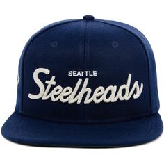 Men's Seattle Steelheads Rings & Crwns Navy Snapback Hat Retro Hat With Adjustable Flat Crown, Adjustable Flat Crown Snapback Hat For Baseball Season, Adjustable Flat Crown Baseball Cap For Sports Events, Adjustable Fitted Hat With Flat Crown For Sports, Adjustable Flat Crown Hat For Sports Events, Adjustable Snapback Hat For Sports Events, Brand Rings, Raised Embroidery, Cloth Material