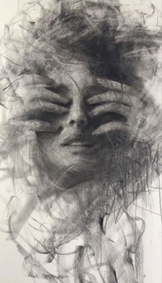 a drawing of a woman's face with her hands over her eyes and head