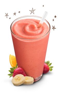 a smoothie with strawberries and bananas on the side