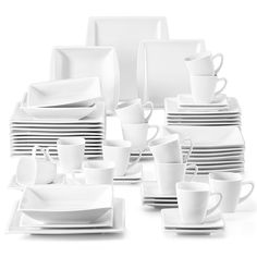 PRICES MAY VARY. WHAT'S IN THE BOX - MALACASA ivory white dinnerware sets for 12 includes 10.25'' dinner plates, 8'' dessert plates, 25 OZ soup plates, 7 OZ cups (Recommend 5 OZ), and 5.4'' saucers. Each plates and bowls sets are versatile and suited for various dining environment and bring a delightful dining experience for all your family. IVORY WHITE DINNERWARE & SAFE FOR DAILY - Made of fine porcelain, our square white dinnerware sets are non-toxic and harmless, compatible with cold & hot fo Dinner Sets Dinnerware Modern, Crockery Design, White Dinnerware Set, Square Dinnerware Set, China Dinnerware Sets, Plate Dessert, Kitchen Finds, Plates And Bowls Set, Soup Plate