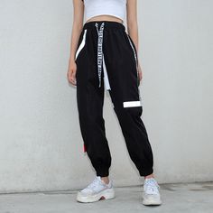 Gender:Women Closure Type:Elastic Waist Pattern Type:Letter Length:Full Length Decoration:Panelled,Side Stripe,Patchwork Front Style:Flat Pant Style:Harem Pants Waist Type:High Material:Polyester Model Number:RRP030249Z Fit Type:Regular Fabric Type:Woven Style:Casual Color:Black White Patchwork Pants For Streetwear, Black Patchwork Pants For Spring, Baggy Black Bottoms With Patchwork, Black Baggy Patchwork Bottoms, White Patchwork Long Pants, Baggy Black Patchwork Pants, Casual Black Bottoms With Splicing, White High Waist Patchwork Pants, High-waist White Patchwork Pants