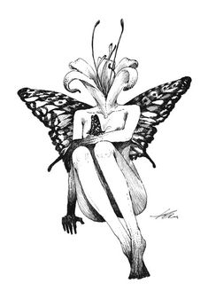 a black and white drawing of a woman sitting on top of a flower with wings