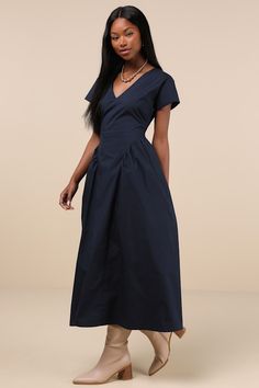 Contemporary style meets effortless ease in the Lulus Modern Concept Navy Short Sleeve V-Neck Midi Dress With Pockets! Slightly stretchy woven fabric shapes a relaxed-fit bodice with short dolman sleeves, bust darts, and a V-neckline. Waist boasts two flattering gathered panels (with hidden side seam pockets) at either side, creating a chic sense of volume as it falls to a midi hem. Hidden zipper/clasp at back. Fit: This garment fits true to size. Length: Mid-calf length. Size medium measures 52 Relaxed Fit V-neck Maxi Dress, Chic Relaxed Fit V-neck Maxi Dress, Chic Short Sleeve Maxi Dress With Pleated Waist, V-neck Pleated Waist Daywear Maxi Dress, V-neck Maxi Dress With Pleated Waist For Work, Relaxed Fit Solid Color V-neck Maxi Dress, V-neck Pleated Waist Maxi Dress For Daywear, Elegant V-neck Relaxed Fit Maxi Dress, V-neck Maxi Dress With Pleated Waist For Daywear