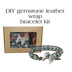 DIY Gemstone Leather Wrap Bracelet Kit -----------------------♥-------------------- Craft your very own gemstone leather wrap bracelet with this kit. Complete with everything you need from start to finish! Perfect gift for crafty adults and teens! -----------------------♥-------------------- Kit includes: (refer to chosen kit photo for exact beads, leather and button) - 8mm gemstone beads - Genuine leather cord - Button - Thread - Needle - Command hook - QR code for video tutorial and instructio Jewelry Kit, Bracelet Craft, Beaded Leather Wraps, Bracelet Kit, Crafts For Adults, Diy Gemstone, Bracelet Kits, African Turquoise, Jewelry Kits