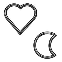 two black metal heart and moon shaped hooks on a white background with clippings