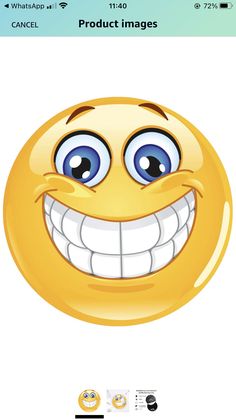 an emoticive smiley face with big blue eyes and white teeth, isolated on a white background