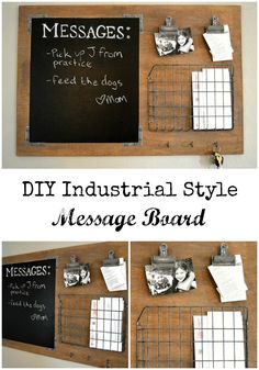 the diy industrial style message board is made from wood and wire