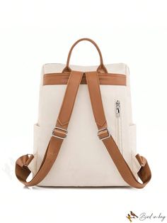 BirdinBag - Stylish Two-Tone Classic Backpack with Zip Front and Metal Accents Trendy Beige Backpack With Adjustable Straps, Casual Rectangular Leather Backpack For Errands, White Canvas Backpack For Travel, White Backpack Satchel For Travel, White Satchel Backpack For Travel, Beige Softback Backpack With Adjustable Straps, Beige Bags With Zipper Closure For Back To School, Beige Bag For Everyday And Back To School, Back To School Canvas Bags With Adjustable Straps