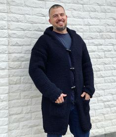 Elegant Wool Cardigan is made by perfect, soft and warm wool for your  fashion winter outfit. 100 % hand knit 100 % luxury 100% wool This amazing Men's cardigan is made by Luxury yarn with 100% pure wool, very warm, very thick and heavy! The cardigan is made by 2 strands of wool. The model is fashion, chic and suited for casual days. It will feel you comfort, warm and cosy with every moving of your body.  If you want to feel special, unique, comfortable, warm and cosy - you are at the right plac Handmade Cardigan, Hand Knit Sweater, Cardigan Winter, Men's Cardigan, Mens Sweater, Turtle Neck Jumper, Black Jumper, Chunky Wool, Mens Cardigan