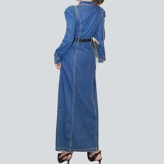 Make a statement this season with our 2023 Spring-Summer Collection long sleeve buttoned denim dress. 90s style! This timeless piece of fashion is the perfect combination of style and comfort. offering you a timeless and chic look. Crafted from a medium wash denim in a classic slim fit. this dress features a distinctive distressed pattern that will add an edgy touch to your style. With a buttoned closure and a stretchy fit. you'll be able to move around comfortably all day long. Perfect for any Long Sleeve Denim Blue Dress With Buttons, Fitted Long Sleeve Denim Dress With Button Closure, Fitted Long Sleeve Denim Dress With Pockets, Long-sleeved Denim Dress With Buttons, Dark Wash Long Sleeve Dress With Buttons, Trendy Long Sleeve Blue Denim Dress, Chic Long Sleeve Denim Blue Dress, Chic Long Sleeve Denim Blue Denim Dress, Chic Long Sleeve Medium Wash Denim Dress