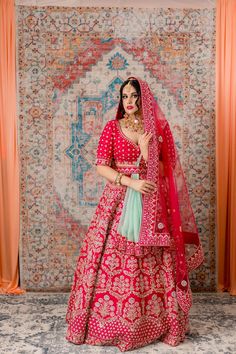 Ruby Pink Zardozi Bridal Lehenga Set Traditional Green Lehenga With Dupatta, Traditional Green Lehenga With Intricate Embroidery, Traditional Kundan Wear In Pista Green, Traditional Pista Green Kundan Wear, Pista Green Dupatta With Intricate Embroidery, Traditional Pista Green Choli For Festivals, Pista Green Dupatta With Resham Embroidery For Traditional Ceremonies, Traditional Pista Green Choli With Drape, Bollywood Style Pista Green Traditional Wear For Ceremonies