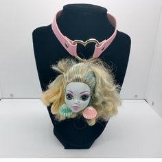 "Handmade OOAK Lagoona Blue choker necklace! Pink vegan leather strap with silver colored heart. Approx 13.5\"-15.5\" adjustable snap closure. Made with a real Mattel Monster High Lagoona head that has been customized with nose and ear piercings! Brand new, never worn! Keywords: Monster High Student Fairy Kei Fairycore Faecore Fairywave Cute Anime Original Large Big Gift Weird Unique Funny Gift Kawaii Toy Barbie Harajuku Cosplay Cartoon Pastelgoth Pastel Alt Emo Rave Ravewear Bubblegoth Bubble U Handmade Adjustable Choker For Alternative Fashion, Adjustable Punk Choker For Cosplay, Adjustable Punk Style Choker For Cosplay, Adjustable Punk Heart Choker, Adjustable Silver Choker For Cosplay, Adjustable Heart-shaped Punk Choker, Punk Heart-shaped Choker As A Gift, Punk Style Heart Shaped Choker For Gifts, Punk Style Heart Shaped Choker Gift