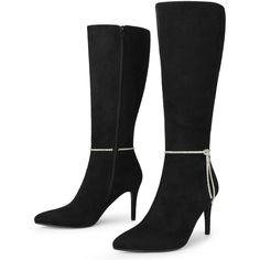 The crystal chain dazzles against the faux suede of this elegant pointy-toe knee-high boot elevated by a stiletto heel. These knee-high boots make your legs look slimmer. The knotted crystal chain adds a different style to these basic high boots, suitable for fashionable women to wear in different scenes, such as parties, graduation ceremonies, daily wear, dating, etc. Believe you will need a pair of boots like this to pair your dresses. Black Knee-high Boots With Reinforced Heel For Evening, Formal Pointed Toe Knee-high Boots With Zipper, Black Knee-high Boots With Pointed Toe In Medium Width, Luxury Black Knee-high Boots With Sculpted Heel, Black Knee-high Boots With Pointed Toe And Medium Width, Closed Toe Shoes, Crystal Chain, High Boots, Knee High Boots