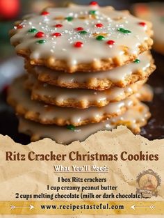 a stack of christmas cookies with frosting and sprinkles on top, next to a recipe card