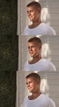 a man in white shirt smiling and looking at the camera with different facial expressions on his face