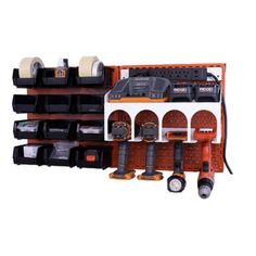 a tool rack with various tools and accessories on it's sides, along with other items