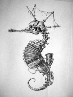 a black and white drawing of a seahorse with a skeleton on it's back