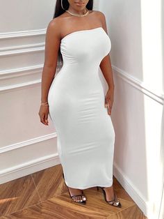 Branco elegante Collar Sem Mangas Tecido de malha Simples Bodycon Embellished Elasticidade alta White Dress Black Heels, Bodycon Dress Outfit Classy, White Bodycon Dress Outfit, White Tube Dress, Tube Bodycon Dress, Vestidos Maxi, Body Con Dress Outfit, Tight Fitted Dresses, White Tube