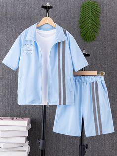 Tween Boy Color Block Striped Short Sleeve Zip-Up Top And Shorts Set, Summer Blue Casual  Short Sleeve Knitted Fabric Letter  Non-Stretch  Tween Boys Clothing, size features are:Bust: ,Length: ,Sleeve Length: Casual Light Blue Sets With Pockets, Blue Stretch Cotton Sets, Casual Blue Sets With Pockets, Blue Stretch Sets With Pockets, Blue Summer Set With Pockets, Blue Summer Sets With Pockets, Summer Blue Sets With Pockets, Light Blue Summer Sets With Pockets, Summer Light Blue Sets With Pockets