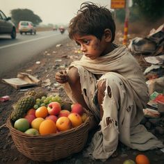 a young boy sitting on the side of a road next to a basket of fruit