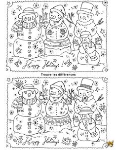 two christmas coloring pages with snowmen in the middle and one on the right side