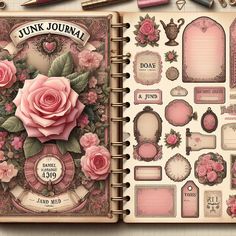 an open journal with pink flowers and labels on the pages, surrounded by other items