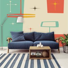 Kate McEnroe New York Mid Mod Retro Atomic Age Sputnik Wall MuralWall Mural119036 Peel And Stick Wall Murals, Repositionable Wallpaper, Gypsum Board, Atomic Era, Atomic Starburst, Concrete Wood, Partition Design, Atomic Age, Mid Mod