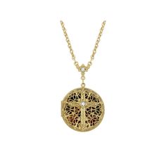 This spiritual decorative cross locket is the perfect place to keep an image of a loved one. This spiritual decorative cross locket is the perfect place to keep an image of a loved one. NECKLACE DETAILS Locket size: 2.5" Chain length: 30 in. Clasp: lobster-claw Metal: alloy Plating: gold tone Finish: polished Not appropriate for children 14 years old and younger. Size: One Size. Gender: female. Age Group: adult. Material: Gold Plate. Spiritual Round Pendant Locket, Spiritual Pendant Locket Necklace For Memorial, Spiritual Locket Necklace For Keepsake, Spiritual Locket Necklace For Memorial, Cross Pendant Locket Jewelry Gift, Cross Pendant Locket Jewelry For Gift, Gift Cross Pendant Locket Jewelry, Gold Cross Locket Necklace, Spiritual Round Locket Necklace