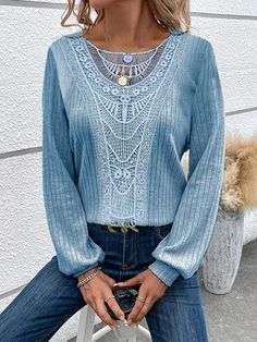 Casual Lantern Sleeve Crew Neck Lace Shirt Non-stretch Long Sleeve Bohemian Top, Non-stretch Bohemian Long Sleeve Top, Bohemian Non-stretch Long Sleeve Tops, Knit Shirts, Lace Outfit, Tunic Pattern, Plain Shirts, Clothes Horse, Neck Lace