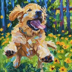 a painting of a golden retriever running through flowers