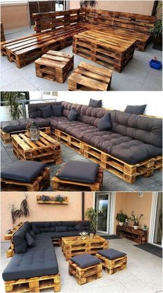 some wooden pallets are stacked together to make a couch and coffee table out of them