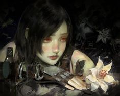 a digital painting of a woman holding a knife next to a white flower and bottle