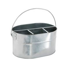 a metal bucket with two compartments on the side