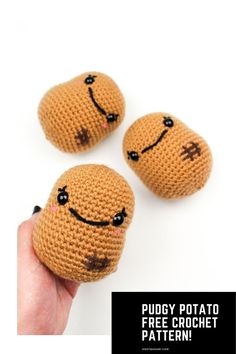 two crocheted rocks with faces on them and the words healthy crochet potato written below