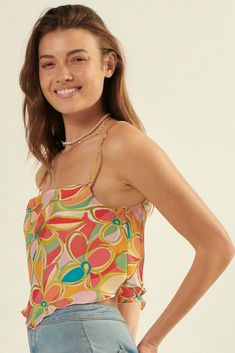 Floral-print satin camisole top. Straight neckline. Sleeveless with adjustable cami straps. Handkerchief hem. Cropped length. Low back. Relaxed fit. 100% Polyester. Imported. Designed in LA. Model wears size S. Satin Cami Top, Satin Camisole, Satin Cami, White Coral, Dream On, Straight Neckline, Handkerchief Hem, Summer Trends, Navy Stripes