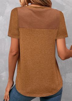 Casual Brown Patchwork Tops, Brown Cotton Patchwork Tops, Brown Crew Neck Top With Buttons, Solid Color Casual Patchwork Tops, Casual Solid Color Patchwork Tops, Brown Short Sleeve Tops With Buttons, Casual Brown Tops With Button Closure, Casual Brown Top With Button Closure, Brown Cotton Tops With Buttons