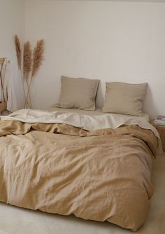 an unmade bed in a bedroom with two pillows on top of it and some plants next to the bed