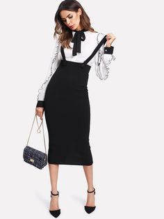 Black Elegant   Polyester Plain Pinafore Embellished Slight Stretch Spring/Summer/Fall Women Bottoms Pinafore Skirts, Midi Skirt Winter, Midi Skirt Fall, Pinafore Skirt, Midi Skirt Spring, Zipper Skirt, Suspender Skirt, Black Knees, Midi Skirt Pencil