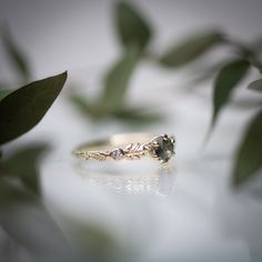 an engagement ring sitting on top of a table next to some plants and leaves in front of it