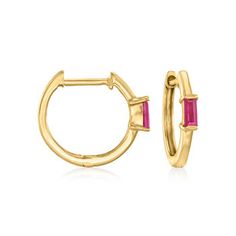 Ross-Simons - .10 ct. t. w. Ruby Huggie Hoop Earrings in 14kt Yellow Gold. 3/8". RS Pure. Modern designs that complete your outfit and complement your personality. You'll wear these dainty 14kt yellow gold huggie hoop earrings every day! The simple pair feature .10 ct. t. w. baguette rubies. Hanging length is 3/8". Hinged post, ruby huggie hoop earrings. Ruby birthstones are the perfect gift for July birthdays. Classic Yellow Gold Hoop Earrings With Gemstone, 14k Gold Gemstone Hoop Earrings, Ruby Eternity Band, Ruby Birthstone, Ruby Beads, Drop Pendant Necklace, Natural Gold, Yellow Gold Jewelry, Station Necklace