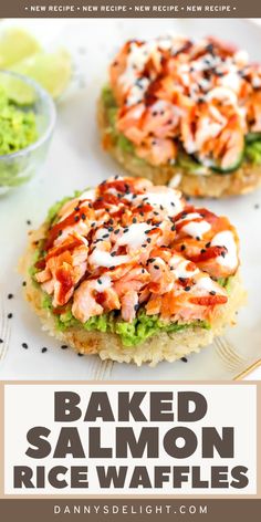 baked salmon and rice waffles with lettuce on the side for lunch