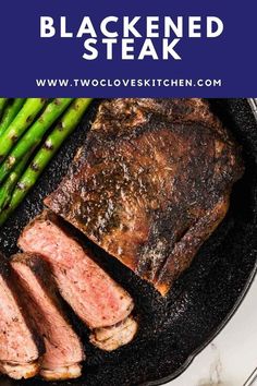 steak and asparagus in a skillet with text overlay