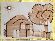 an image of a house made out of bamboo sticks with the sun in the background