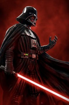 darth vader in the dark side with his lights on, holding a red light saber