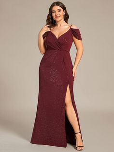 This sophisticated maxi formal evening dress features a high slit on the front, giving it a unique elegance made to get noticed. We think this plus size spaghetti straps cold shoulder evening dress is perfect for any formal occasions, like weddings, evening parties, prom nights & more. Fit: Please refer to Size Chart. Closure: It is Concealed a Zipper Up The Back. Undergarments: It is Not Padded, with Lining. Fabric: Shell:95%Polyester 5%Elastane,?Lining:100%Polyester. Stretch: Fabric is No Stretch. Burgundy Plus Size Dress, Wedding Unconventional, Plus Size Gala Dress, Skimpy Dresses, Angelic Wedding, Burgundy Formal Dress, Asymetrical Dress, Mom Wardrobe, Unconventional Wedding