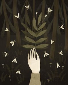 a hand reaching up to a plant with white birds flying around it in the night sky